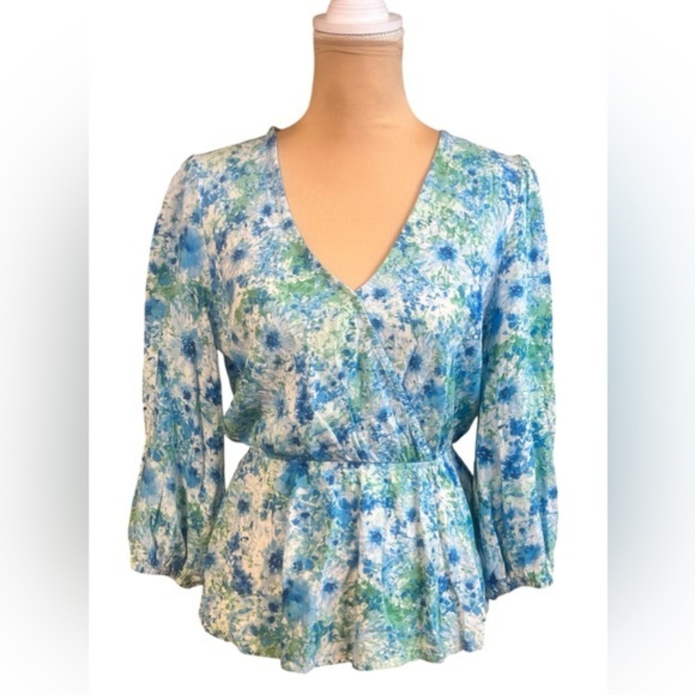 Entro Womens Balloon Sleeve V-neck Faux Wrap Peplum Floral Blue Green Large